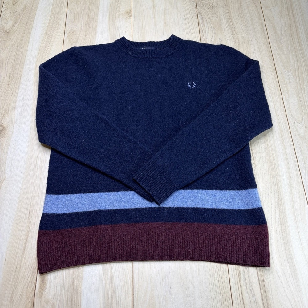 Fred Perry Striped Crew Neck Knit Jumper Lambswool Sweater Multicolor Large